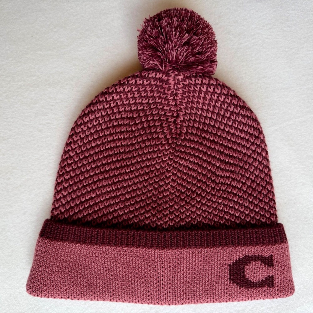 Coach Colorblock Knit Beanie‎ Pink Burgundy Wool Blend Hat NOWT Logo Winter